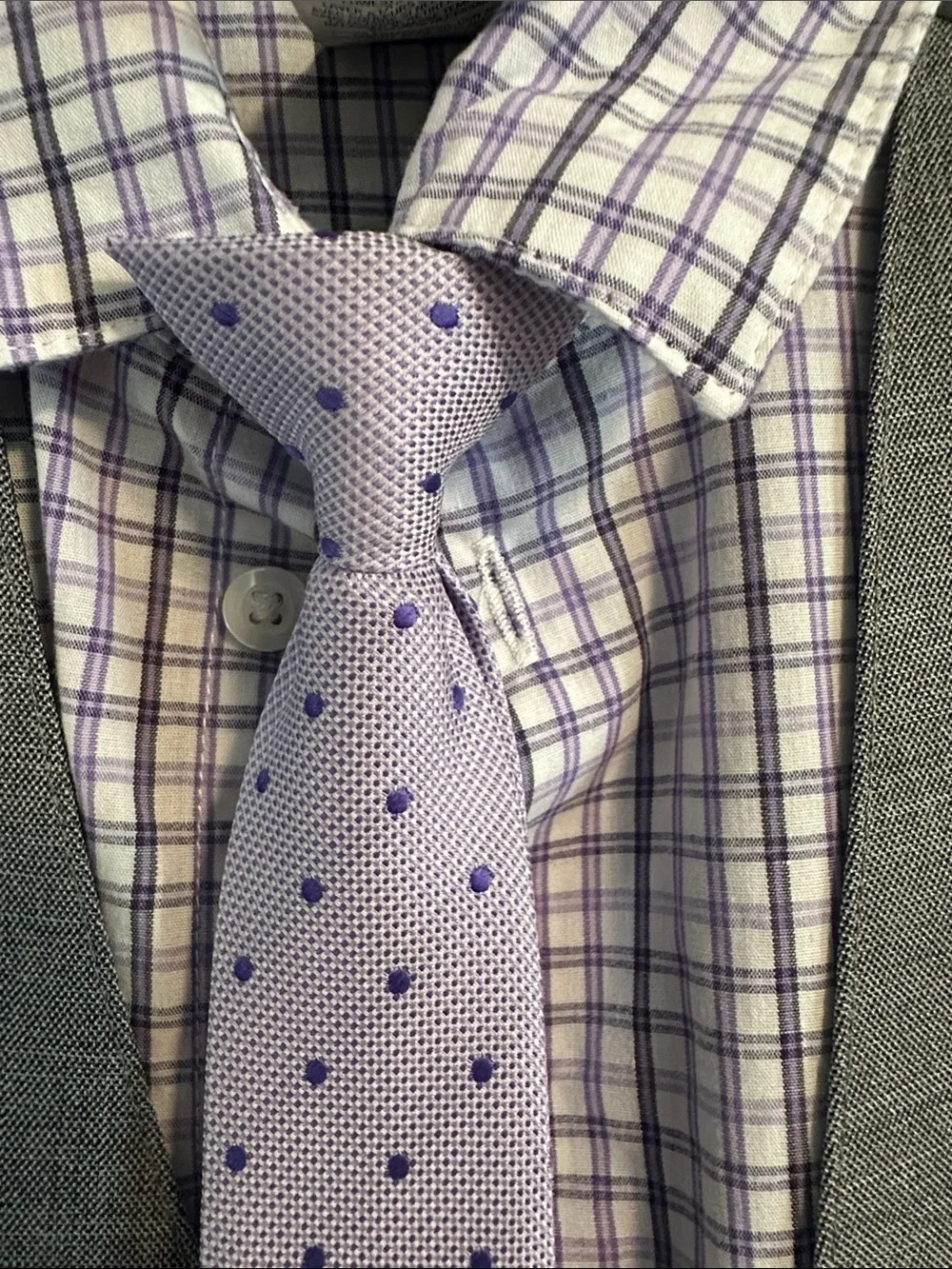 Van Heusen Gray Vest with Lavender Check Shirt and Lilac Tie Size 10